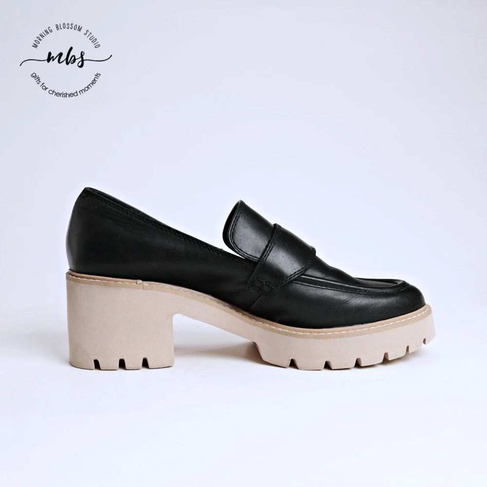 Dolce Vita Halona Leather Chunky Lug Sole Penny Platform Loafers Black Women 9.5